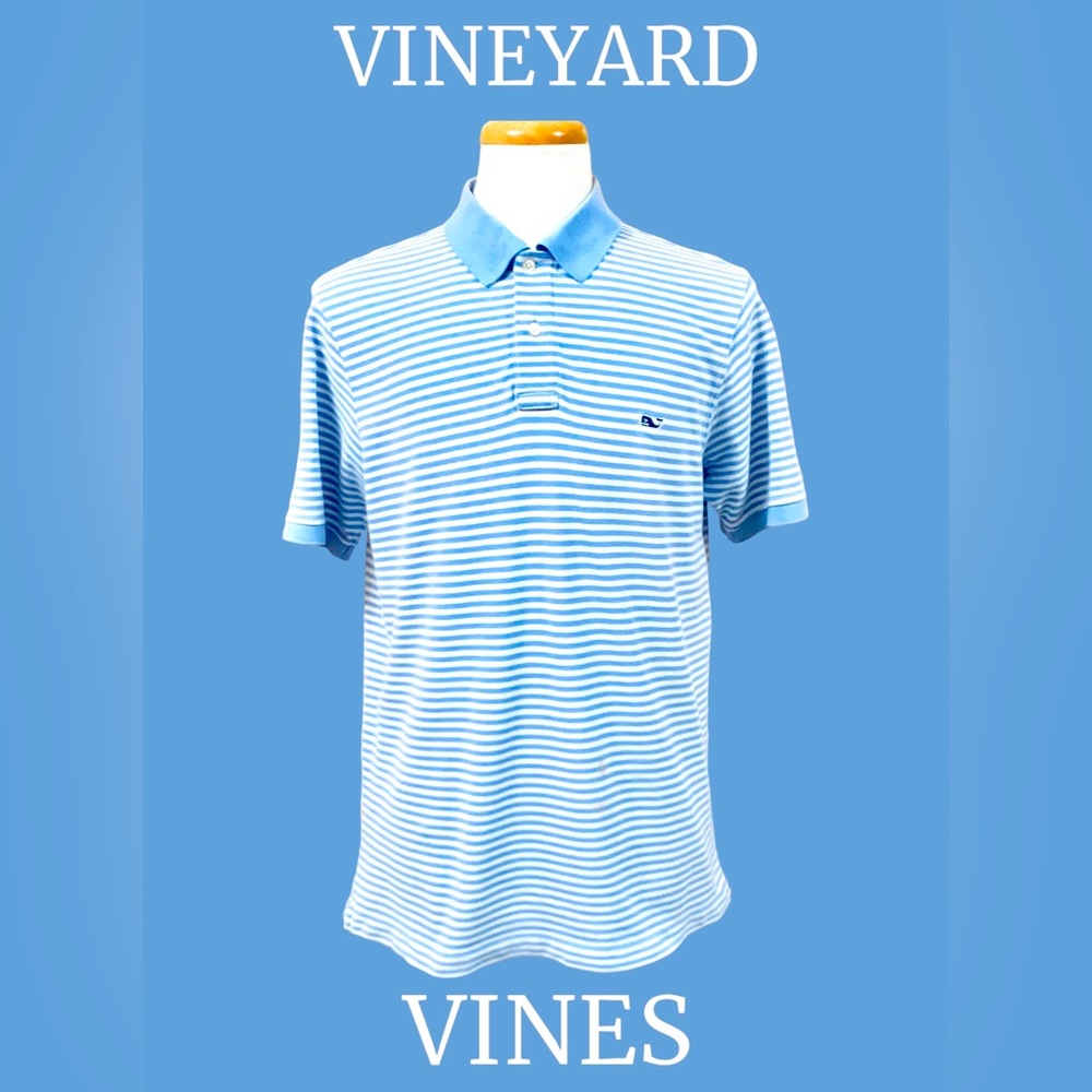 Vineyard Vines Men’s Short Sleeve Striped Polo Shirt Light Blue/White Size Med.
